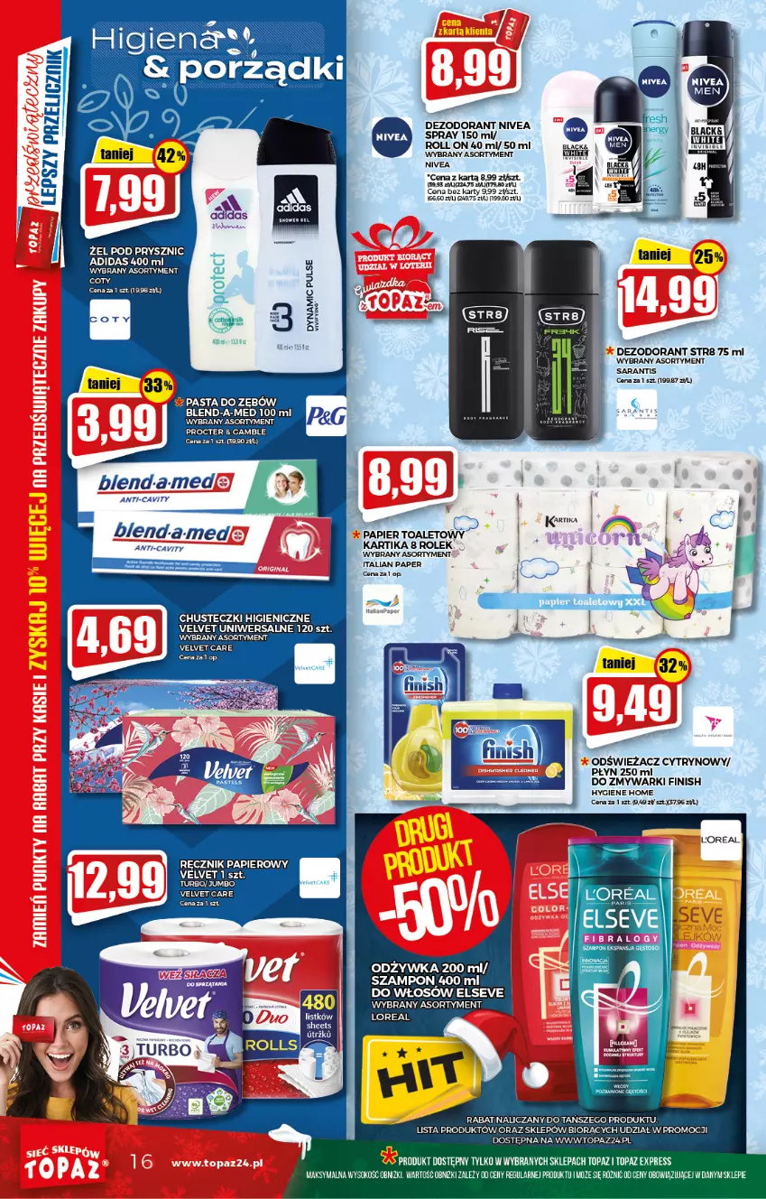 Gazetka promocyjna Topaz - Gazetka - ważna 02.12 do 08.12.2021 - strona 16 - produkty: Adidas, Blend-a-Med, Chusteczki, Dezodorant, Elseve, Fa, Finish, Lack, Nivea, Odżywka, Papier, Papier toaletowy, Pasta do zębów, Ręcznik, Sok, Str8, Szampon, Top, Velvet, Zmywarki