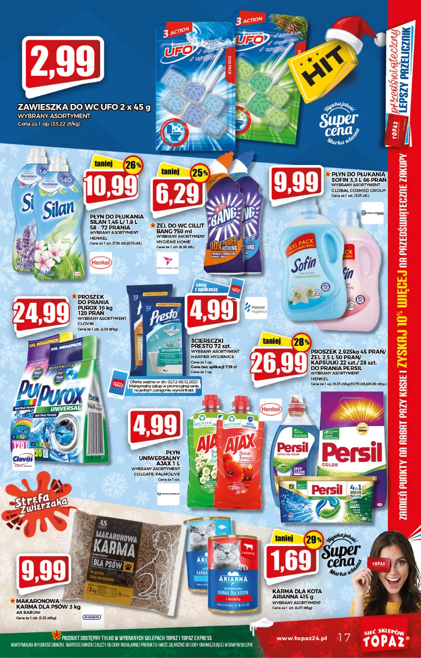 Gazetka promocyjna Topaz - Gazetka - ważna 02.12 do 08.12.2021 - strona 17 - produkty: Ajax, Babuni, Colgate, Fa, LG, Lovi, Makaron, Palmolive, Persil, Płyn do płukania, Presto, Pur, Silan, Sok, Top, Zawieszka do wc