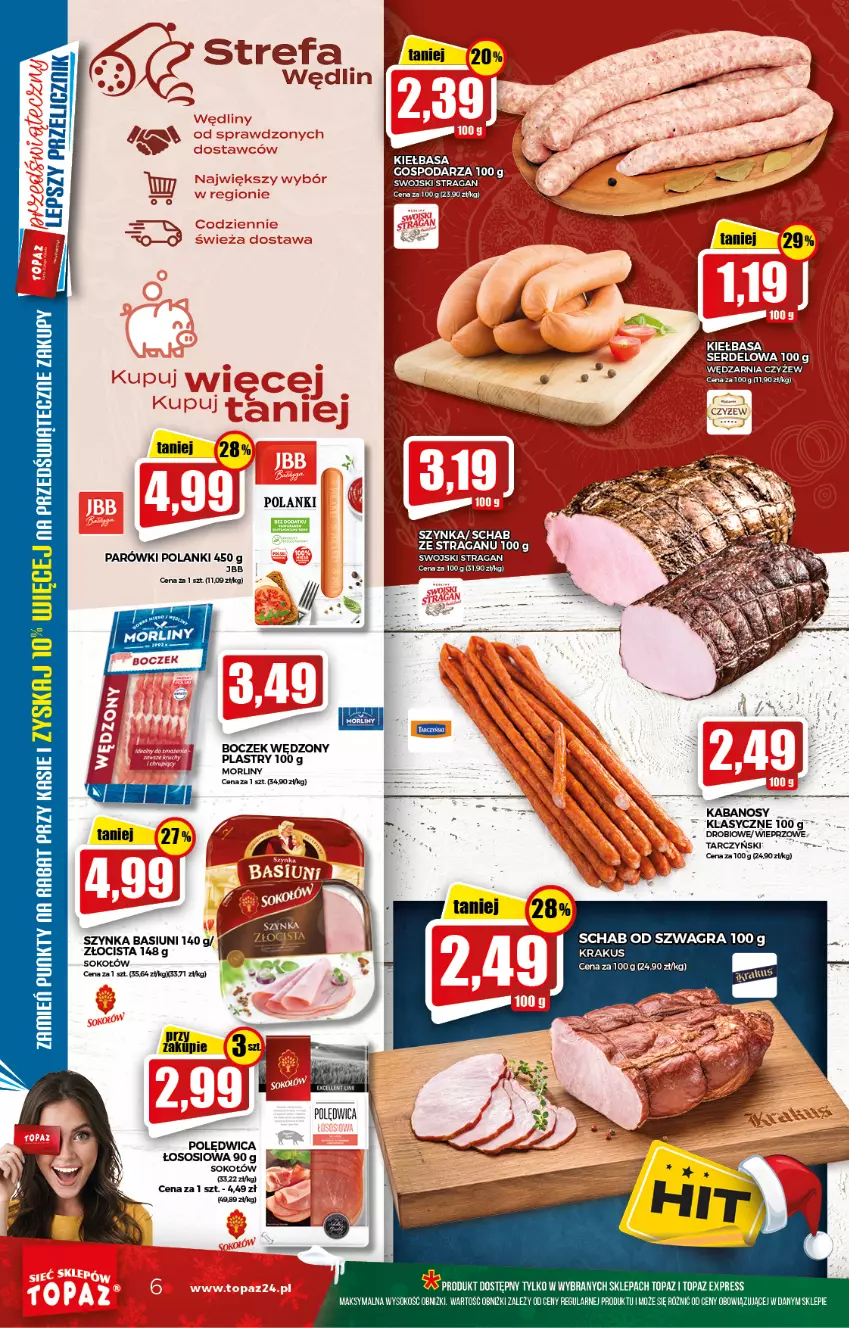 Gazetka promocyjna Topaz - Gazetka - ważna 02.12 do 08.12.2021 - strona 6 - produkty: Boczek, Fa, Gra, Kabanos, Kiełbasa, Krakus, Lanki, Morliny, Parówki, Polędwica, Sok, Sokołów, Sos, Szynka, Tarczyński, Top