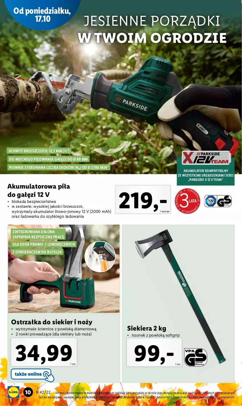 Gazetka promocyjna Lidl - GAZETKA - ważna 17.10 do 22.10.2022 - strona 12 - produkty: Akumulator, Noż, Otwieracz, Parkside, Piec, Piła do gałęzi, Por, Ser, Sok, Warka