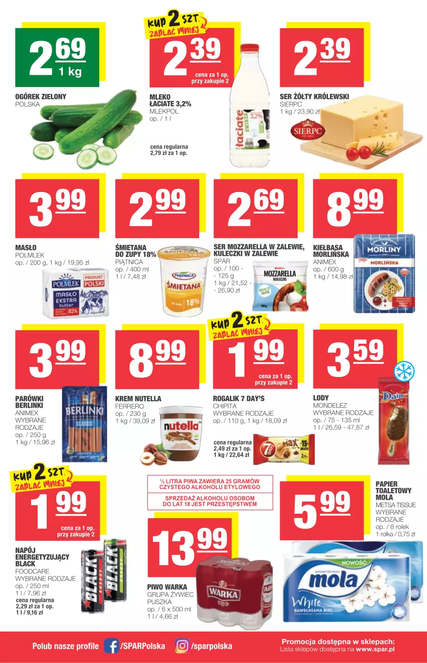 Gazetka promocyjna Spar - Express - ważna 28.07 do 03.08.2021 - strona 2 - produkty: Berlinki, Blag, Ferrero, Kiełbasa, Królewski, Lody, Masło, Mleko, Mola, Mozzarella, Napój, Nutella, Ogórek, Papier, Papier toaletowy, Piątnica, Piwo, POLMLEK, Rogal, Ser, Warka