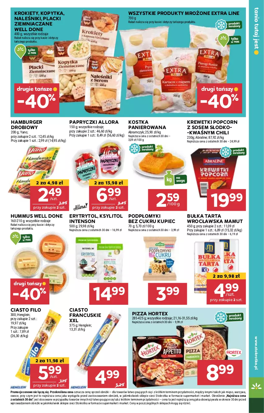 Gazetka promocyjna Stokrotka - Supermarket Opole/Radom - ważna 13.02 do 19.02.2025 - strona 25 - produkty: Bułka, Bułka tarta, Burger, Ciasto francuskie, Hamburger, Hortex, Hummus, Kopytka, Krewetki, Krokiety, Ksylitol, Kupiec, Lack, Mus, Naleśniki, Piec, Pizza, Popcorn, Produkty mrożone, Sos, Tarta