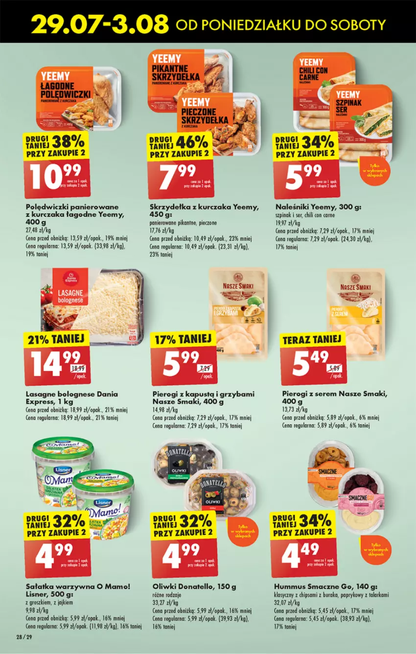 Gazetka promocyjna Biedronka - Od poniedzialku - ważna 29.07 do 03.08.2024 - strona 28 - produkty: Hummus, Kapustą, Kurczak, Lasagne, Lasagne bolognese, Lisner, Mus, Naleśniki, Oliwki, Piec, Pierogi, Polędwiczki panierowane, Sałat, Sałatka, Sałatka warzywna, Ser, Skrzydełka z kurczaka, Szpinak