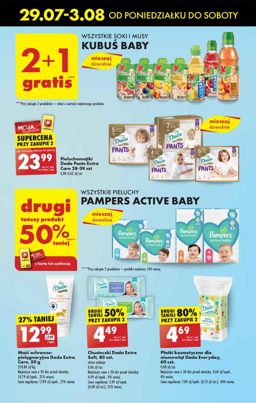 Gazetka promocyjna Biedronka - Od poniedzialku - ważna 29.07 do 03.08.2024 - strona 45 - produkty: Chusteczki, Dada, Kubuś, LG, Majtki, Mus, Pampers, Pieluchomajtki, Pieluchy, Płatki kosmetyczne, Sok