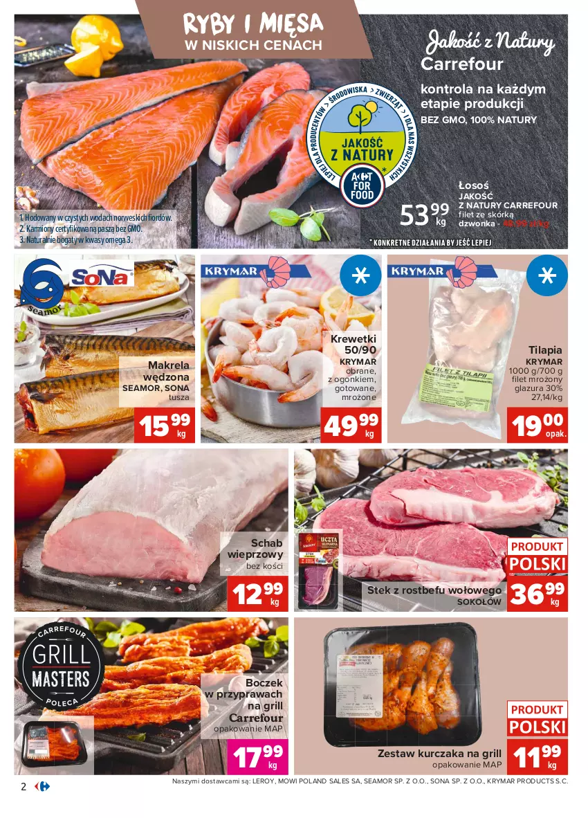 Gazetka promocyjna Carrefour - Gazetka Targi świeżości - ważna 17.05 do 24.05.2021 - strona 2 - produkty: Boczek, Glazura, Grill, Karmi, Krewetki, Kurczak, Lazur, Rostbef, Schab wieprzowy, Sok, Sokołów, Stek, Tilapia, Tusz, Woda