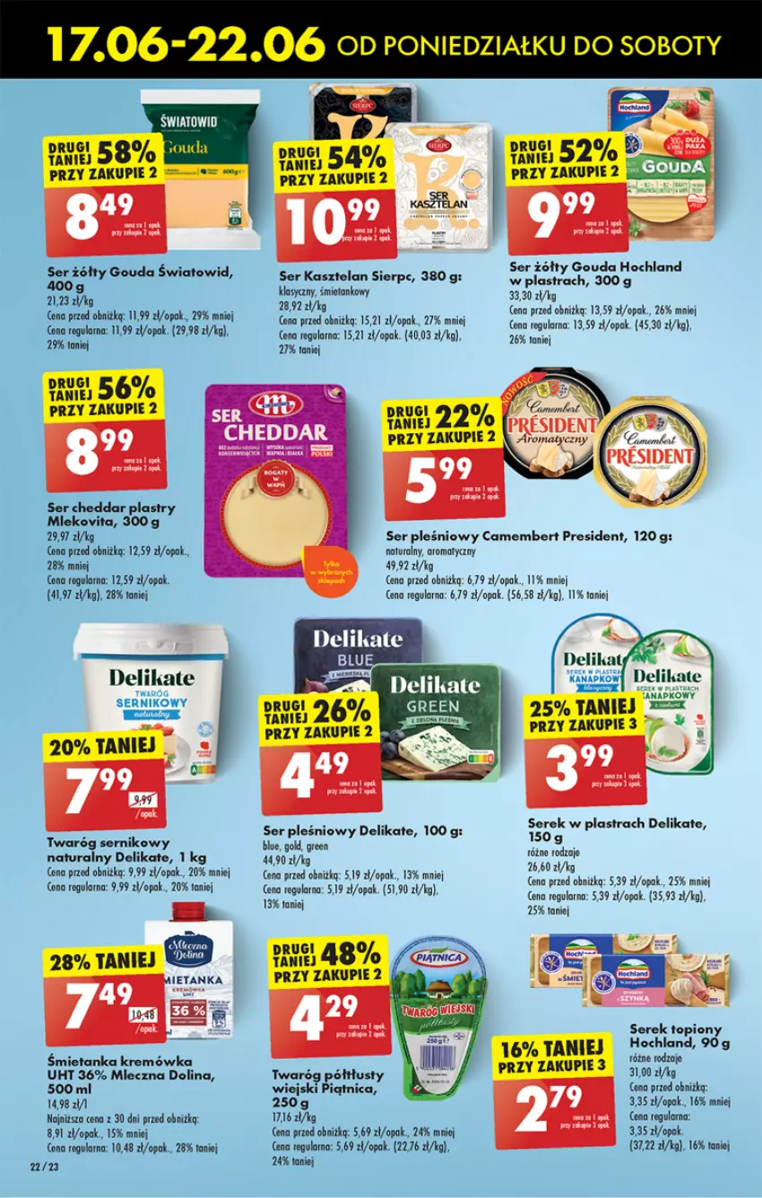 Gazetka promocyjna Biedronka - Od poniedzialku - ważna 17.06 do 22.06.2024 - strona 26 - produkty: Camembert, Cheddar, Gouda, Kasztelan, Kremówka, LG, Mleko, Mlekovita, Piątnica, Ser, Ser Kasztelan, Ser pleśniowy, Serek, Twaróg, Twaróg półtłusty