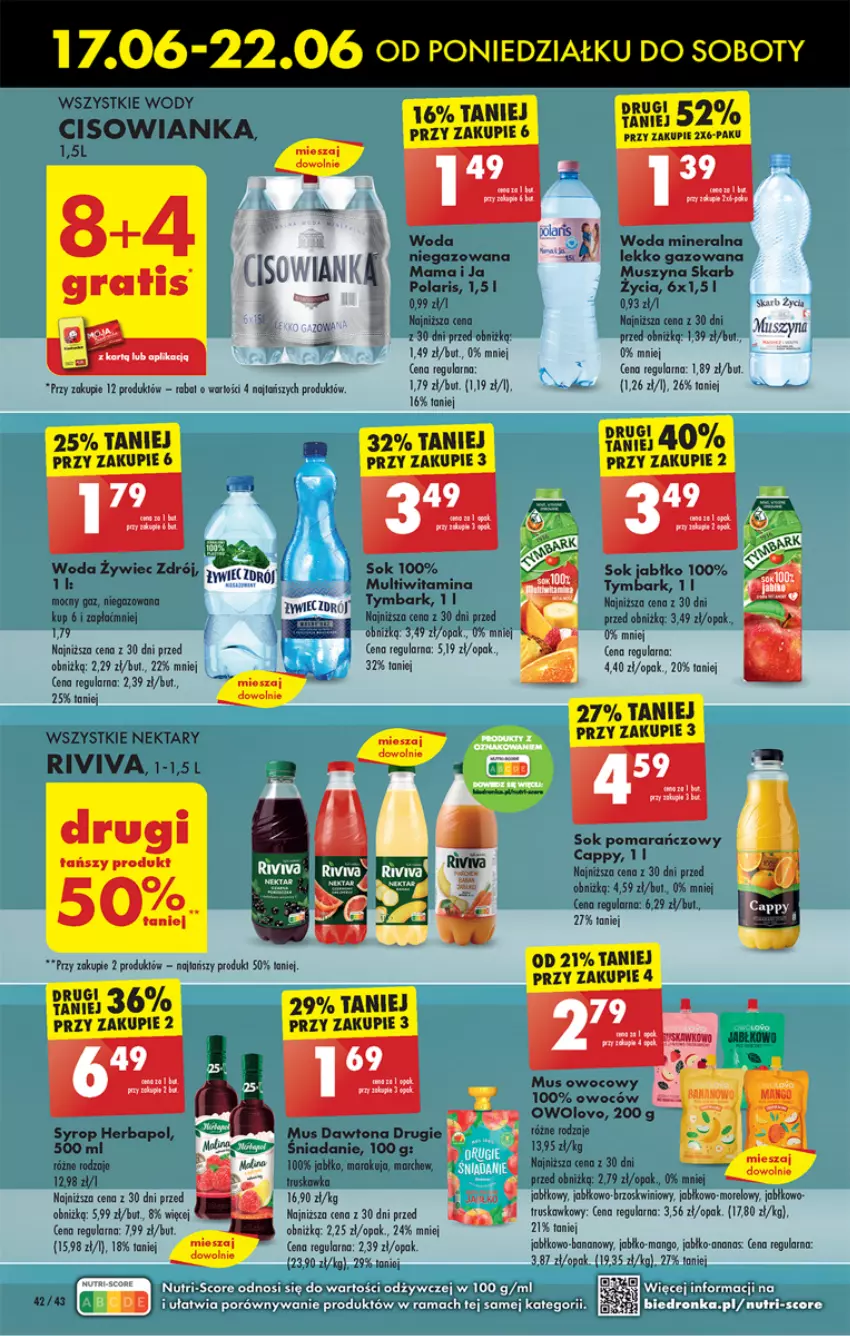 Gazetka promocyjna Biedronka - Od poniedzialku - ważna 17.06 do 22.06.2024 - strona 50 - produkty: Cappy, Cisowianka, Dawtona, Herbapol, Mango, Mus, Nektar, Sok, Sok pomarańczowy, Syrop, Szyna, Tymbark, Woda, Woda mineralna