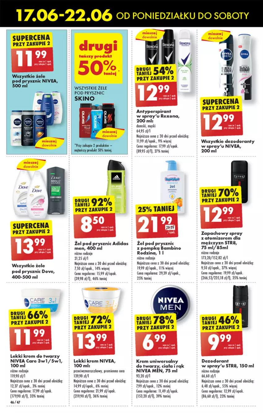 Gazetka promocyjna Biedronka - Od poniedzialku - ważna 17.06 do 22.06.2024 - strona 54 - produkty: Adidas, Antyperspirant, Dezodorant, Dove, Krem do twarzy, Krem uniwersalny, Mars, Nivea, Nivea Men, Rexona, Str8