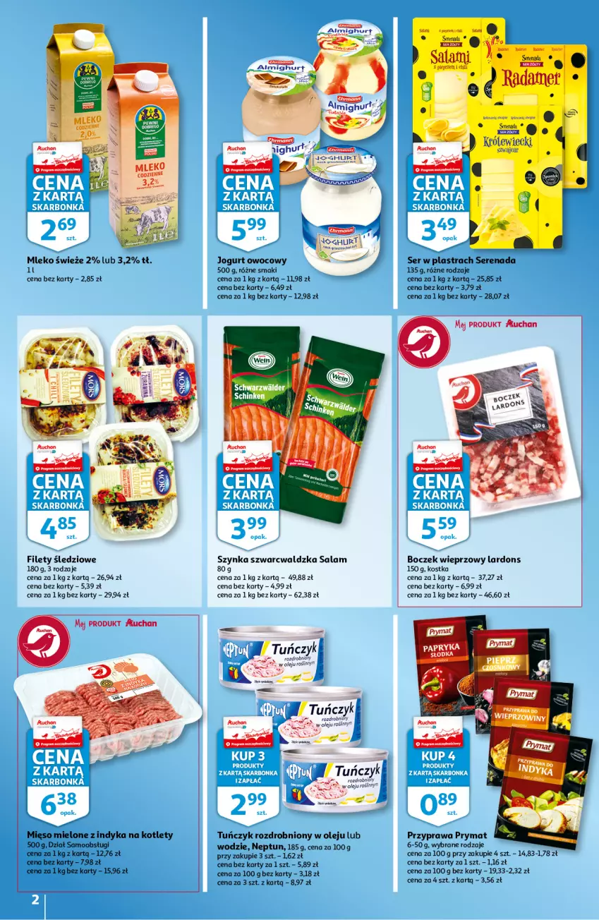 Gazetka promocyjna Auchan - Skarbonka #25 - ważna 24.06 do 30.06.2021 - strona 2 - produkty: Boczek, Boczek wieprzowy, Jogurt, Jogurt owocowy, Kotlet, Mięso, Mięso mielone, Mleko, Olej, Prymat, Ser, Szynka, Tuńczyk