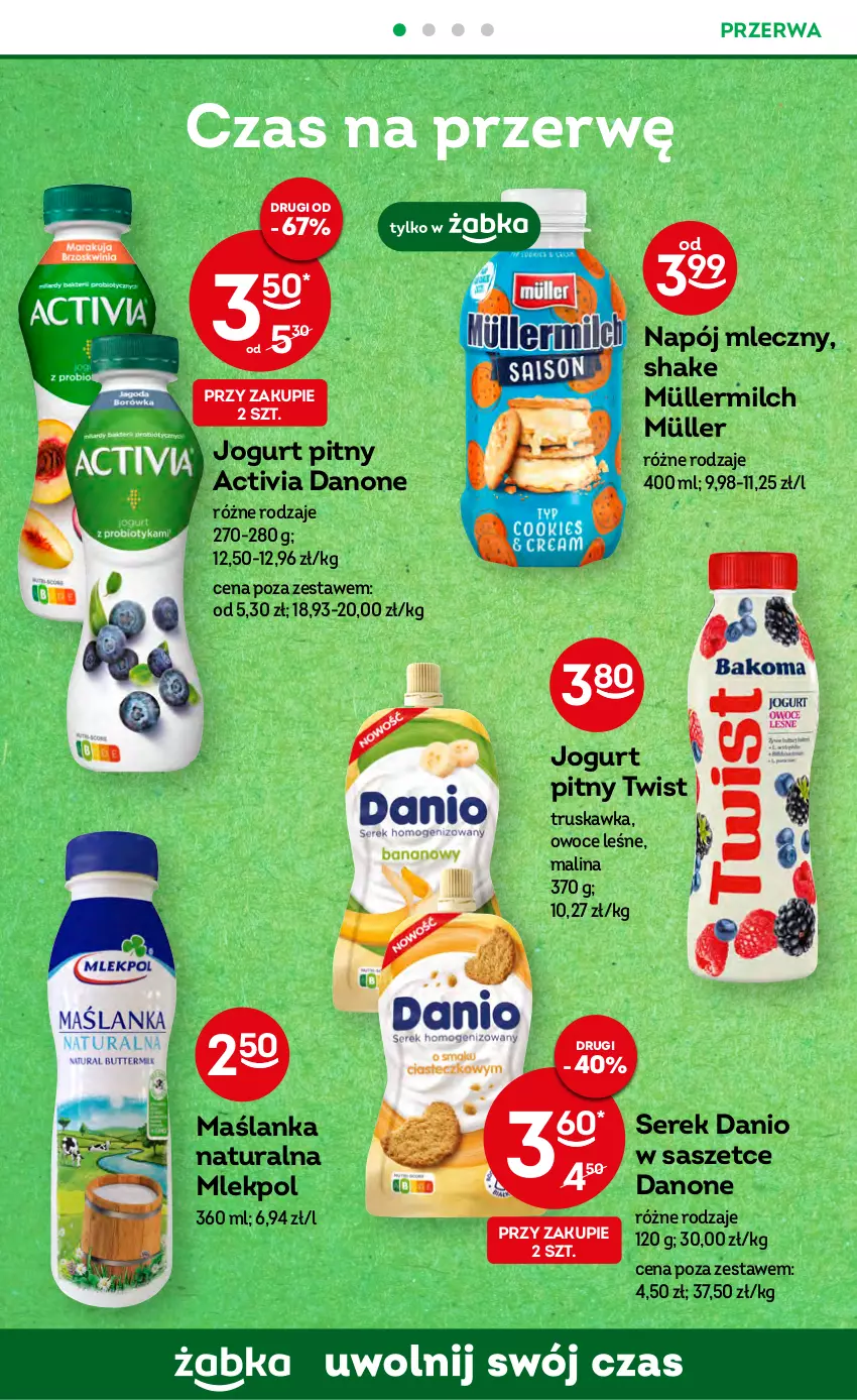 Gazetka promocyjna Żabka - ważna 26.04 do 09.05.2023 - strona 44 - produkty: Activia, Danio, Danone, Jogurt, Jogurt pitny, Maślanka, Müller, Müllermilch, Napój, Napój mleczny, Owoce, Ser, Serek