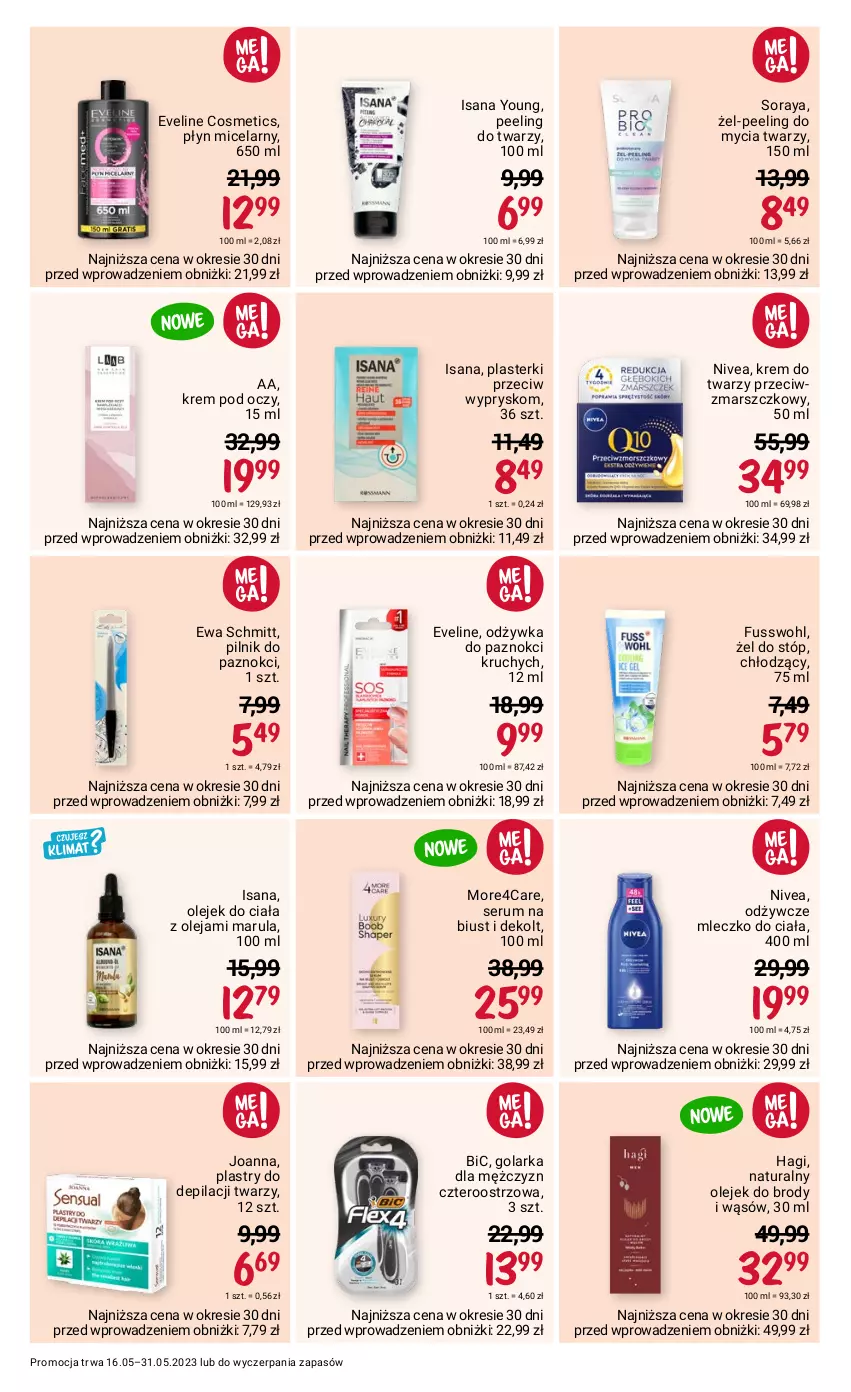 Gazetka promocyjna Rossmann - 16 maja - ważna 16.05 do 31.05.2023 - strona 5 - produkty: BIC, Eveline, Ewa Schmitt, Golarka, Isana, Joanna, Krem do twarzy, Krem pod oczy, Mars, Mleczko, Mleczko do ciała, Nivea, Odżywka, Olej, Olejek do ciała, Peeling, Pilnik, Pilnik do paznokci, Plasterki, Plastry do depilacji, Płyn micelarny, Rum, Ser, Serum