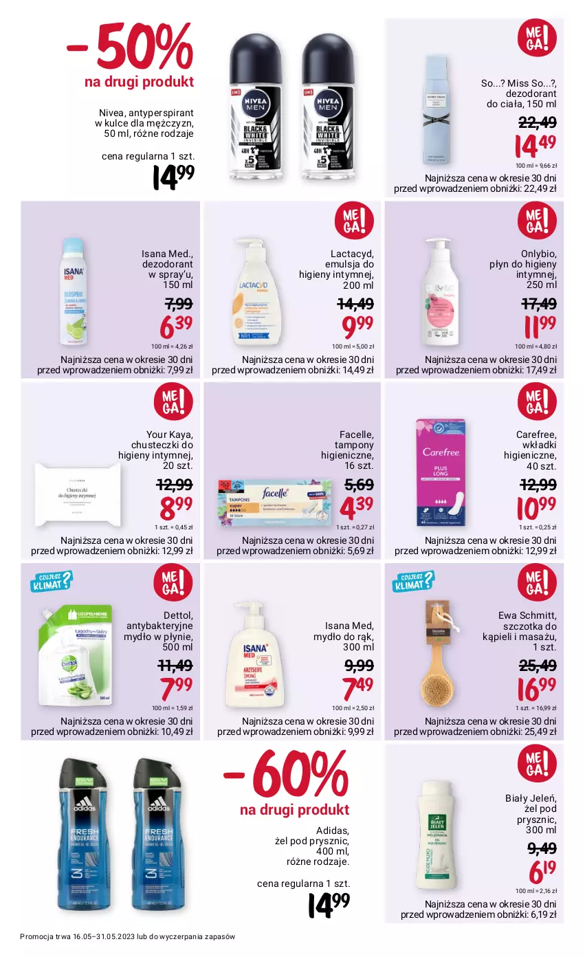 Gazetka promocyjna Rossmann - 16 maja - ważna 16.05 do 31.05.2023 - strona 6 - produkty: Adidas, Antybakteryjne mydło, Antyperspirant, Biały Jeleń, Carefree, Chusteczki, Chusteczki do higieny, Dettol, Dezodorant, Emulsja, Ewa Schmitt, Fa, Facelle, Isana, Lactacyd, Mydło, Mydło w płynie, Nivea, Płyn do higieny intymnej, Szczotka, Tampony, Wkładki