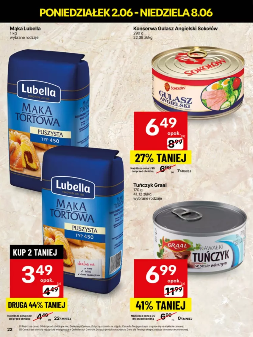 Gazetka promocyjna Delikatesy Centrum - Franczyza DC23 Poniedziałek - ważna 02.06 do 08.06.2025 - strona 22 - produkty: Bell, Bella, Gra, Graal, Lubella, Mąka, Ser, Sok, Sokołów, Tuńczyk