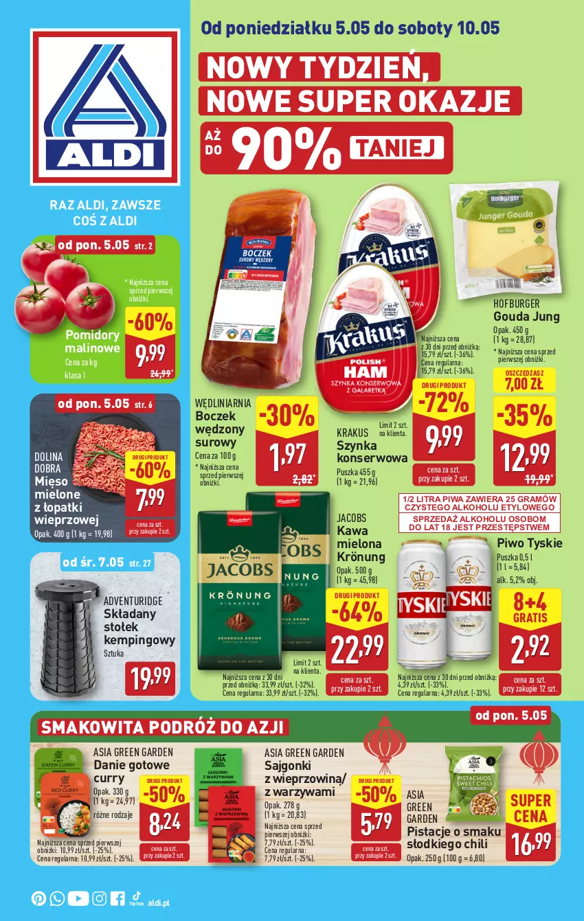Gazetka promocyjna Aldi - Pełna oferta - ważna 05.05 do 09.05.2025 - strona 1 - produkty: Boczek, Burger, Danie gotowe, Gouda, Gra, Hofburger, Jacobs, Kawa, Kawa mielona, Krakus, Mięso, Mięso mielone, Mięso mielone z łopatki wieprzowej, Pistacje, Piwa, Piwo, Pomidory, Sajgonki, Ser, Smakowita, Stołek, Szynka, Szynka konserwowa, Tyskie, Warzywa