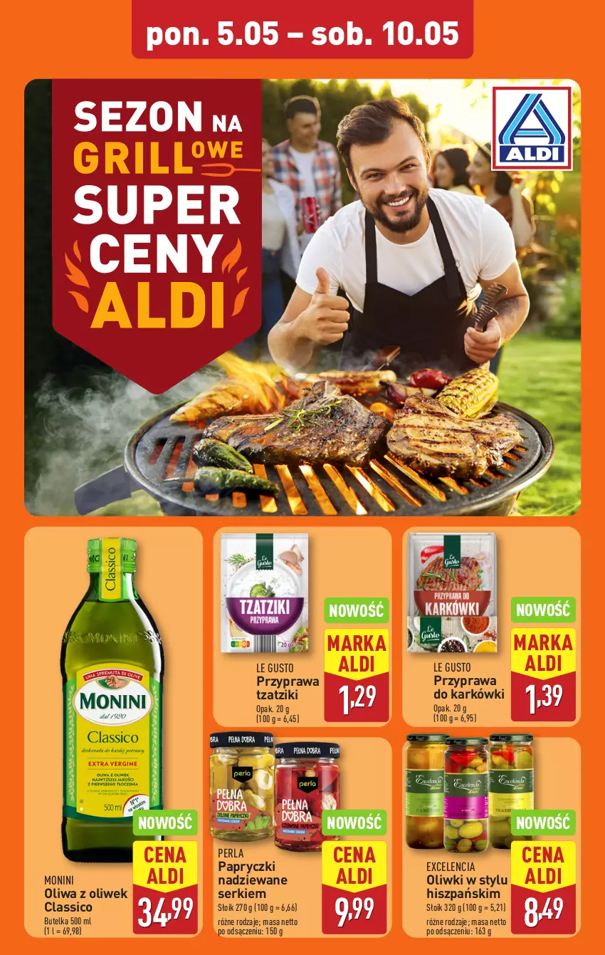 Gazetka promocyjna Aldi - Pełna oferta - ważna 05.05 do 09.05.2025 - strona 10 - produkty: Monini, Oliwa z oliwek, Oliwki, Papryczki nadziewane, Ser