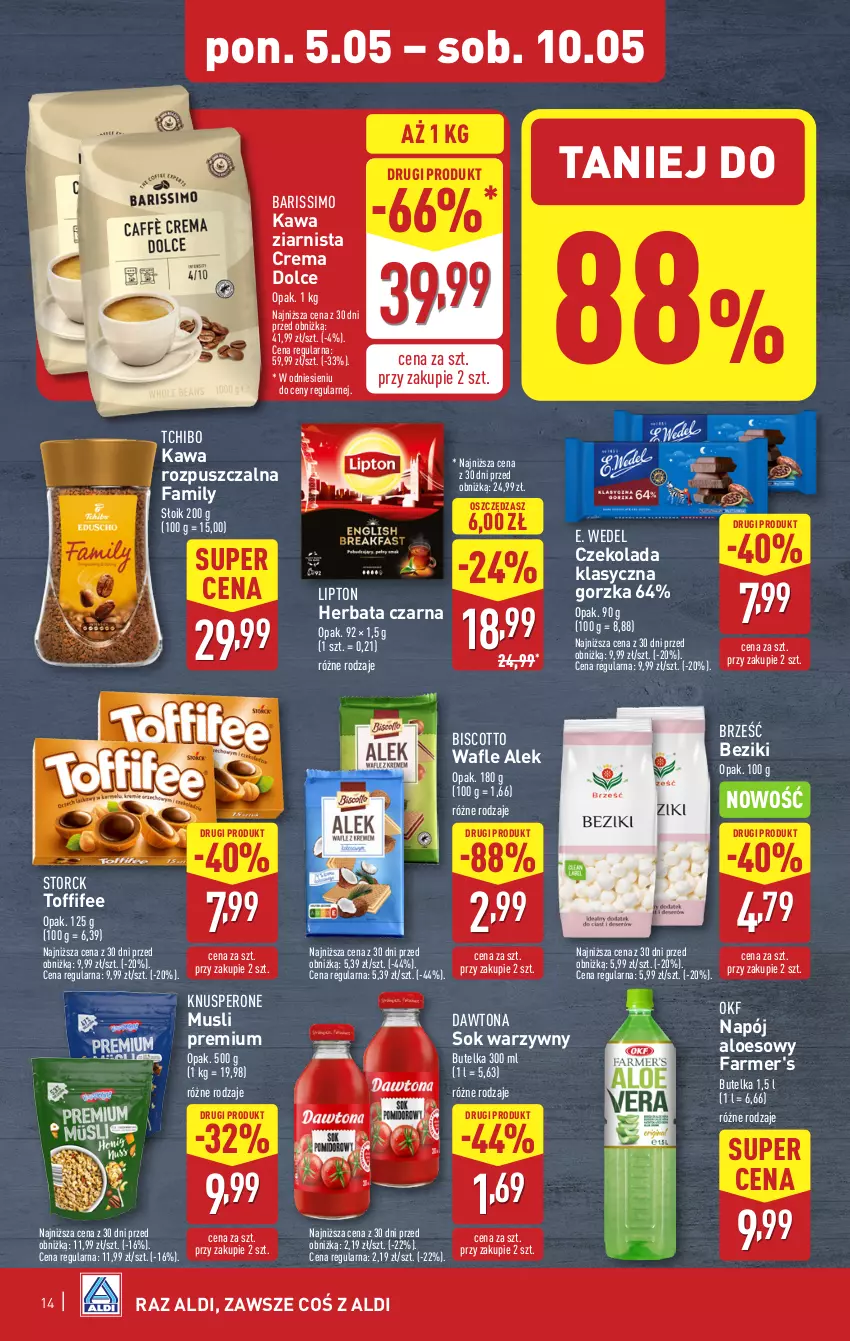 Gazetka promocyjna Aldi - Pełna oferta - ważna 05.05 do 09.05.2025 - strona 14 - produkty: Czekolada, Dawtona, E. Wedel, Fa, Herbata, Herbata czarna, Kawa, Kawa rozpuszczalna, Kawa ziarnista, Lipton, Mus, Napój, Sok, Tchibo, Toffifee, Wafle