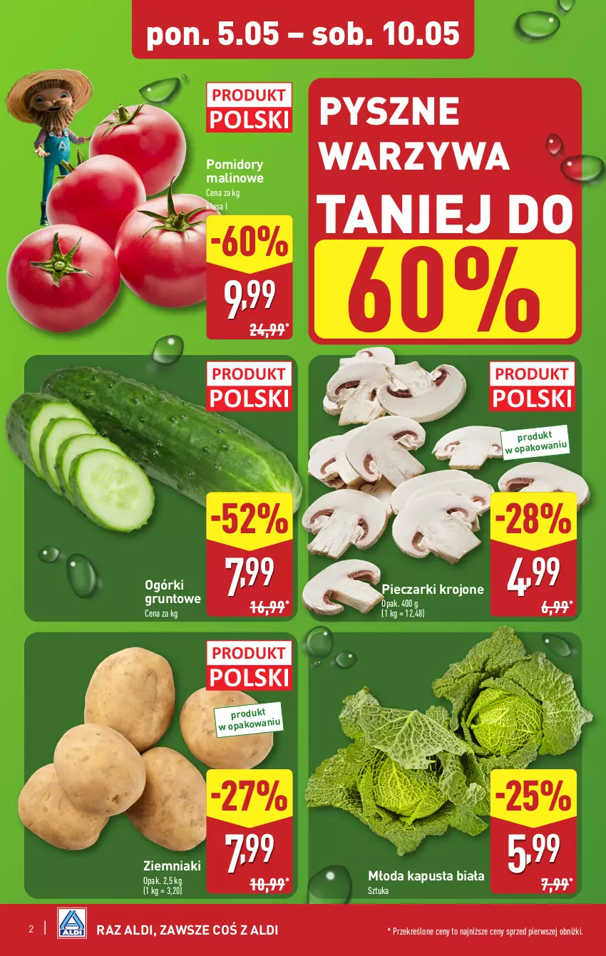 Gazetka promocyjna Aldi - Pełna oferta - ważna 05.05 do 09.05.2025 - strona 2 - produkty: Grunt, Piec, Pieczarki krojone, Pomidory, Warzywa, Ziemniaki
