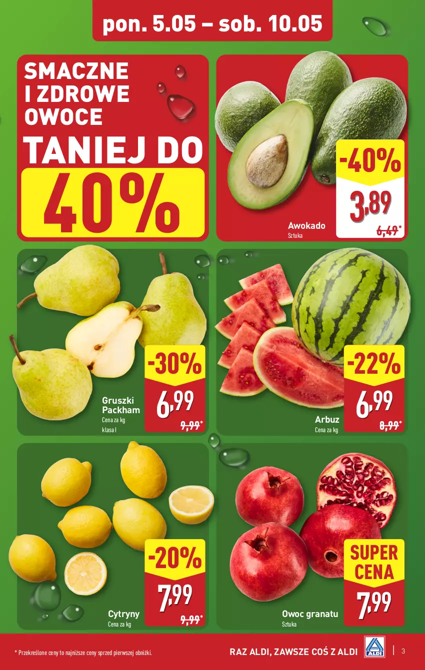 Gazetka promocyjna Aldi - Pełna oferta - ważna 05.05 do 09.05.2025 - strona 3 - produkty: Arbuz, Cytryny, Gra, Granat, Gruszki, Owoce