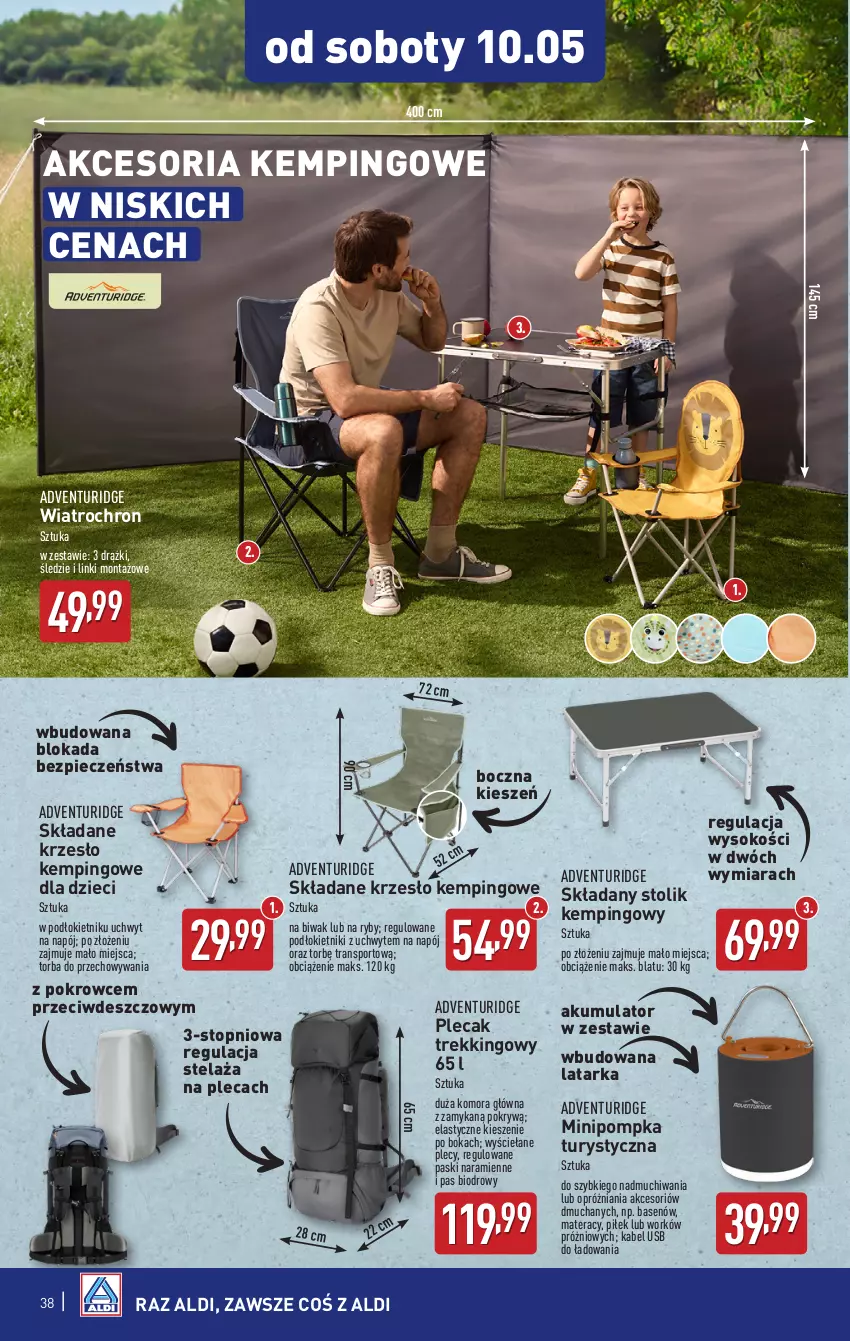 Gazetka promocyjna Aldi - Pełna oferta - ważna 05.05 do 09.05.2025 - strona 38 - produkty: Akumulator, Dzieci, Kabel USB, Krzesło, Latarka, Materac, Napój, Piec, Plecak, Pompka, Por, Sok, Sport, Stolik, Tarka, Tera, Top, Torba, Tran