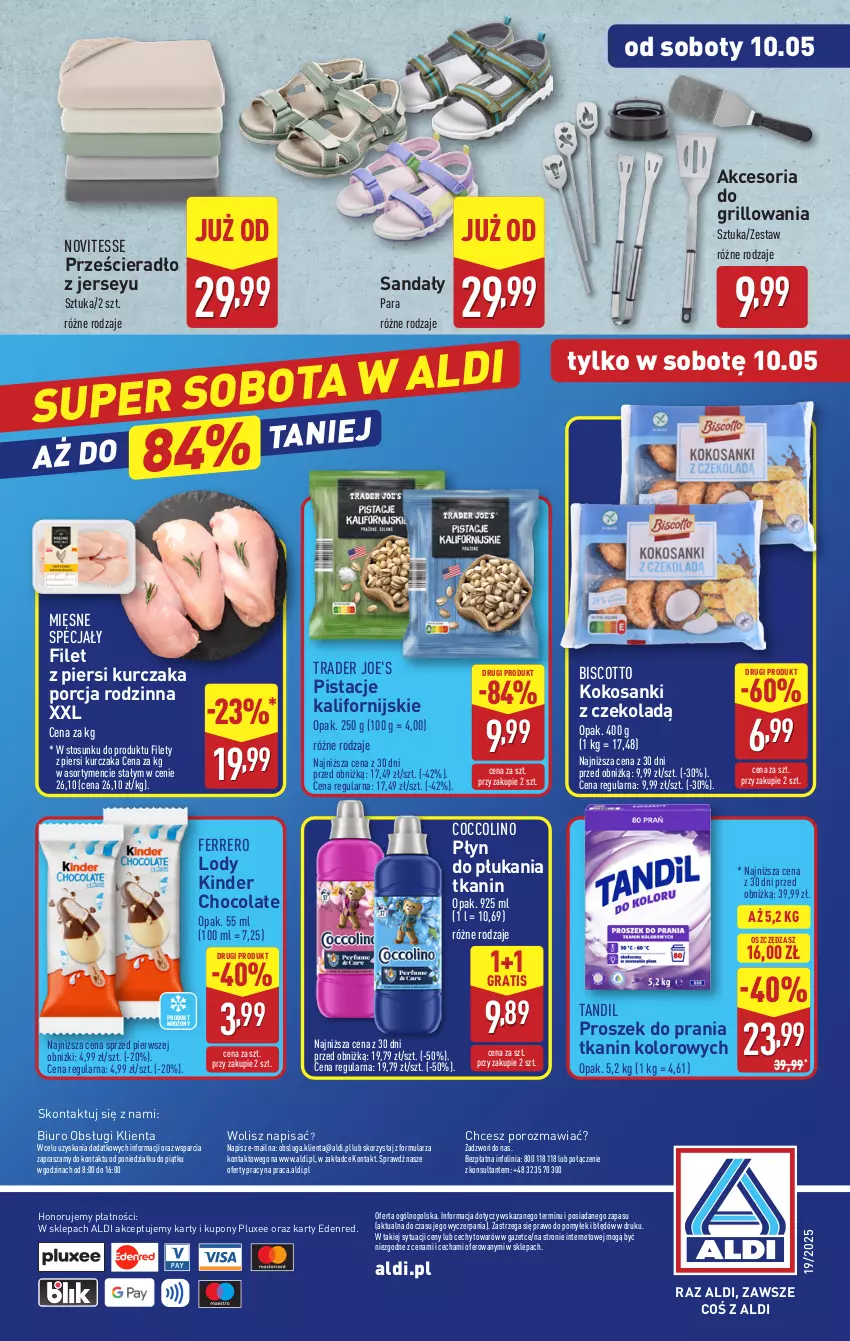 Gazetka promocyjna Aldi - Pełna oferta - ważna 05.05 do 09.05.2025 - strona 42 - produkty: Biuro, Coccolino, Ferrero, Filet z piersi kurczaka, Gra, Grill, Kinder, Kokos, Kurczak, Lody, Mięsne specjały, O nas, Pistacje, Płyn do płukania, Por, Proszek do prania, Prześcieradło, Sandał, Sanki