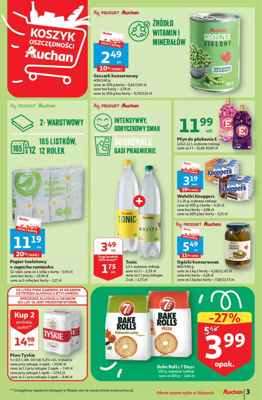 Gazetka promocyjna Auchan - Gazetka Koszyk Oszczędności Auchan Moje Auchan - ważna 09.06 do 14.06.2023 - strona 3 - produkty: 7 Days, Bake Rolls, Fa, Gra, Groszek, Knoppers, LG, Ogórki konserwowe, Papier, Papier toaletowy, Piwa, Piwo, Płyn do płukania, Rum, Ser, Tyskie