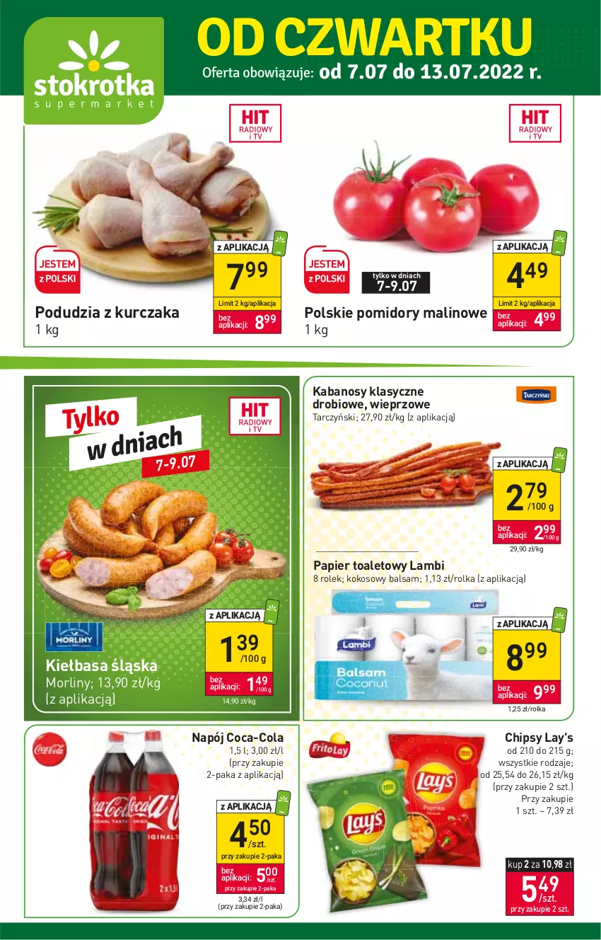 Gazetka promocyjna Stokrotka - Supermarket - ważna 07.07 do 13.07.2022 - strona 1 - produkty: Chipsy, Coca-Cola, Kabanos, Kiełbasa, Kiełbasa śląska, Kokos, Kurczak, Morliny, Napój, Papier, Papier toaletowy, Pomidory, Tarczyński