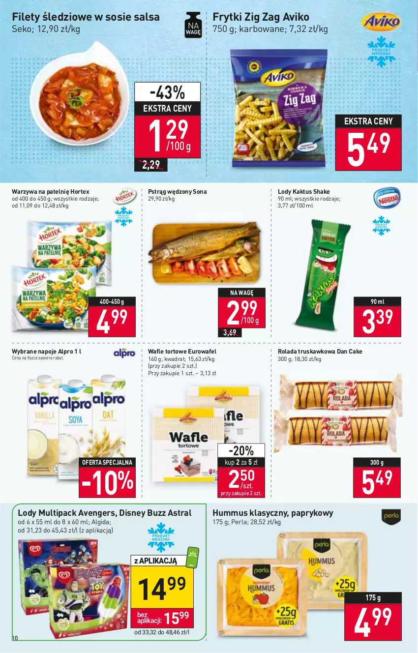 Gazetka promocyjna Stokrotka - Supermarket - ważna 07.07 do 13.07.2022 - strona 10 - produkty: Algida, Alpro, Avengers, Dan Cake, Disney, Frytki, Gra, Hortex, Hummus, Kaktus, LG, Lody, Mus, Napoje, Piwa, Pstrąg, Pstrąg wędzony, Rolada, Salsa, SEKO, Sos, Wafle, Wafle tortowe, Warzywa