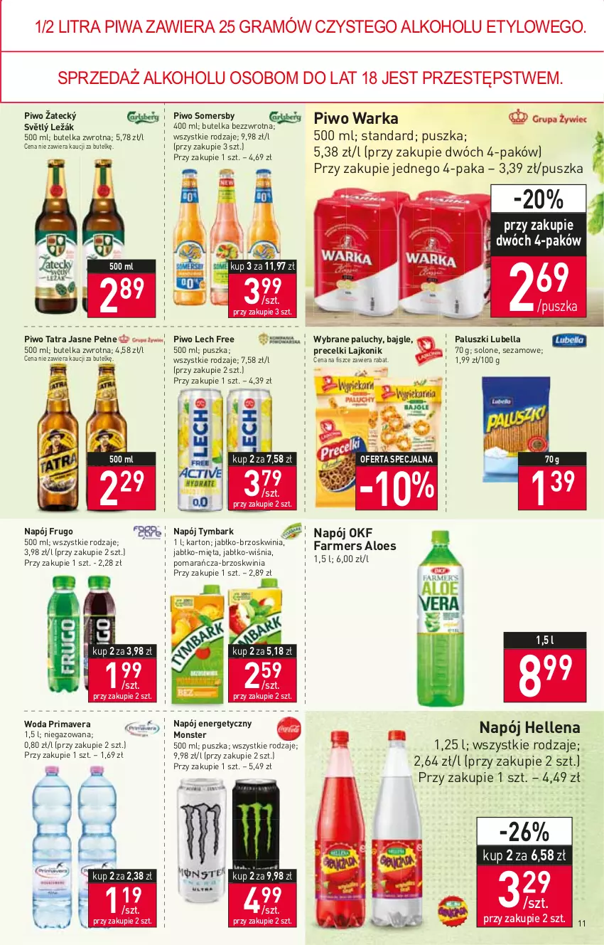 Gazetka promocyjna Stokrotka - Supermarket - ważna 07.07 do 13.07.2022 - strona 11 - produkty: Bajgle, Bell, Bella, Fa, Farmers Aloes, Gra, Hellena, Lajkonik, Lubella, Mięta, Napój, Napój energetyczny, Piwa, Piwo, Precelki, Prima, Primavera, Sezam, Somersby, Tatra, Tymbark, Warka, Woda