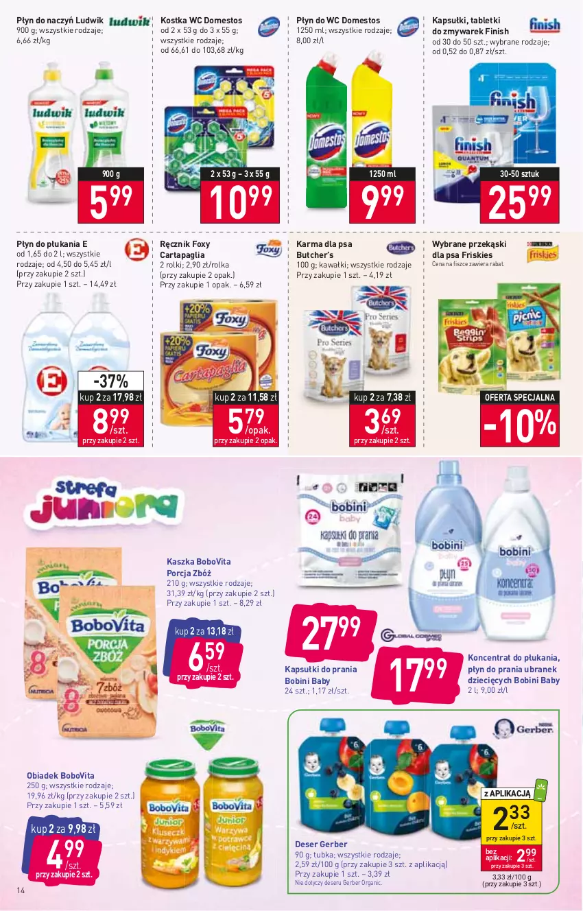 Gazetka promocyjna Stokrotka - Supermarket - ważna 07.07 do 13.07.2022 - strona 14 - produkty: BoboVita, Deser, Domestos, Dzieci, Finish, Foxy, Friskies, Gerber, Kapsułki do prania, Kawa, Ludwik, Płyn do płukania, Płyn do prania, Płyn do wc, Por, Przekąski dla psa, Ręcznik, Rolki, Ser, Tablet