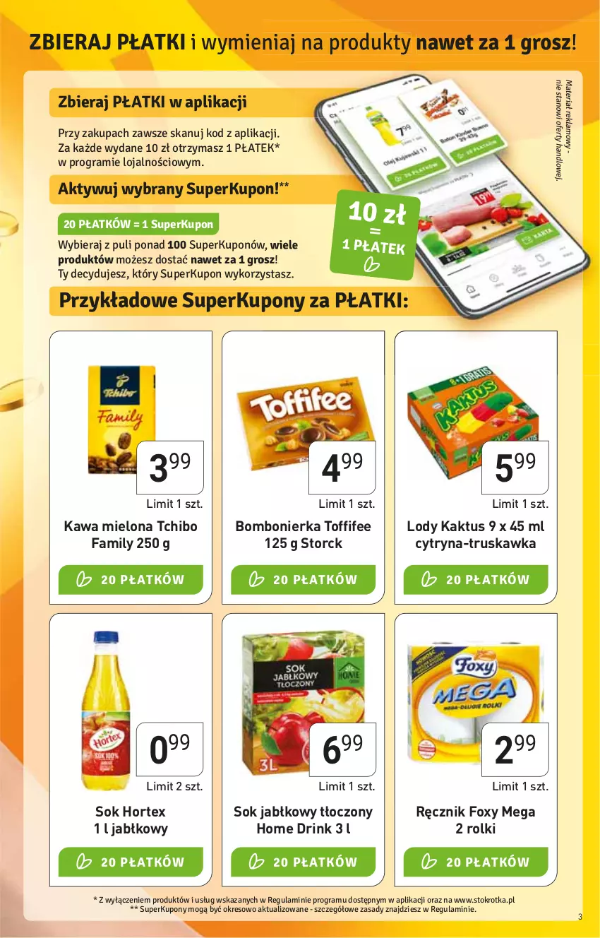 Gazetka promocyjna Stokrotka - Supermarket - ważna 07.07 do 13.07.2022 - strona 3 - produkty: Fa, Foxy, Hortex, HP, Kaktus, Kawa, Kawa mielona, Lody, Ręcznik, Rolki, Sok, Sok jabłkowy, Tchibo, Tchibo Family, Toffifee