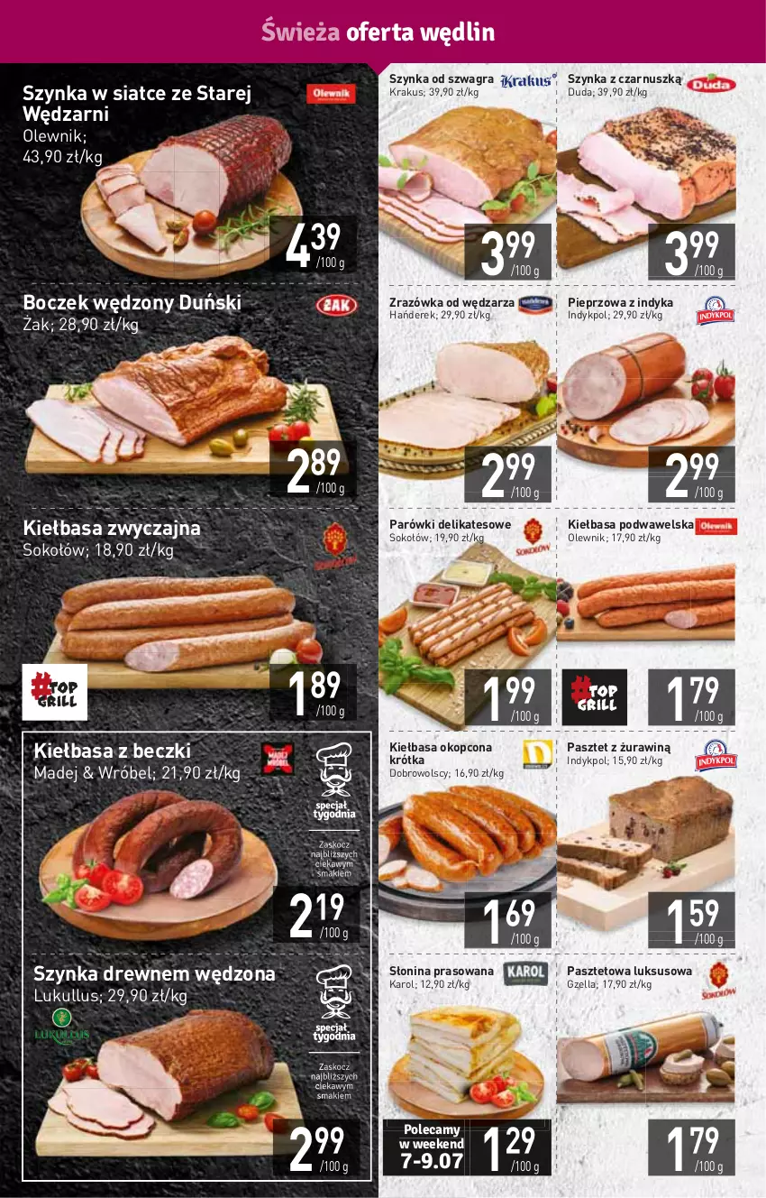 Gazetka promocyjna Stokrotka - Supermarket - ważna 07.07 do 13.07.2022 - strona 4 - produkty: Boczek, Duda, Gra, HP, Kiełbasa, Kiełbasa podwawelska, Krakus, Olewnik, Parówki, Pasztet, Pieprz, Sok, Sokołów, Szynka, Wawel