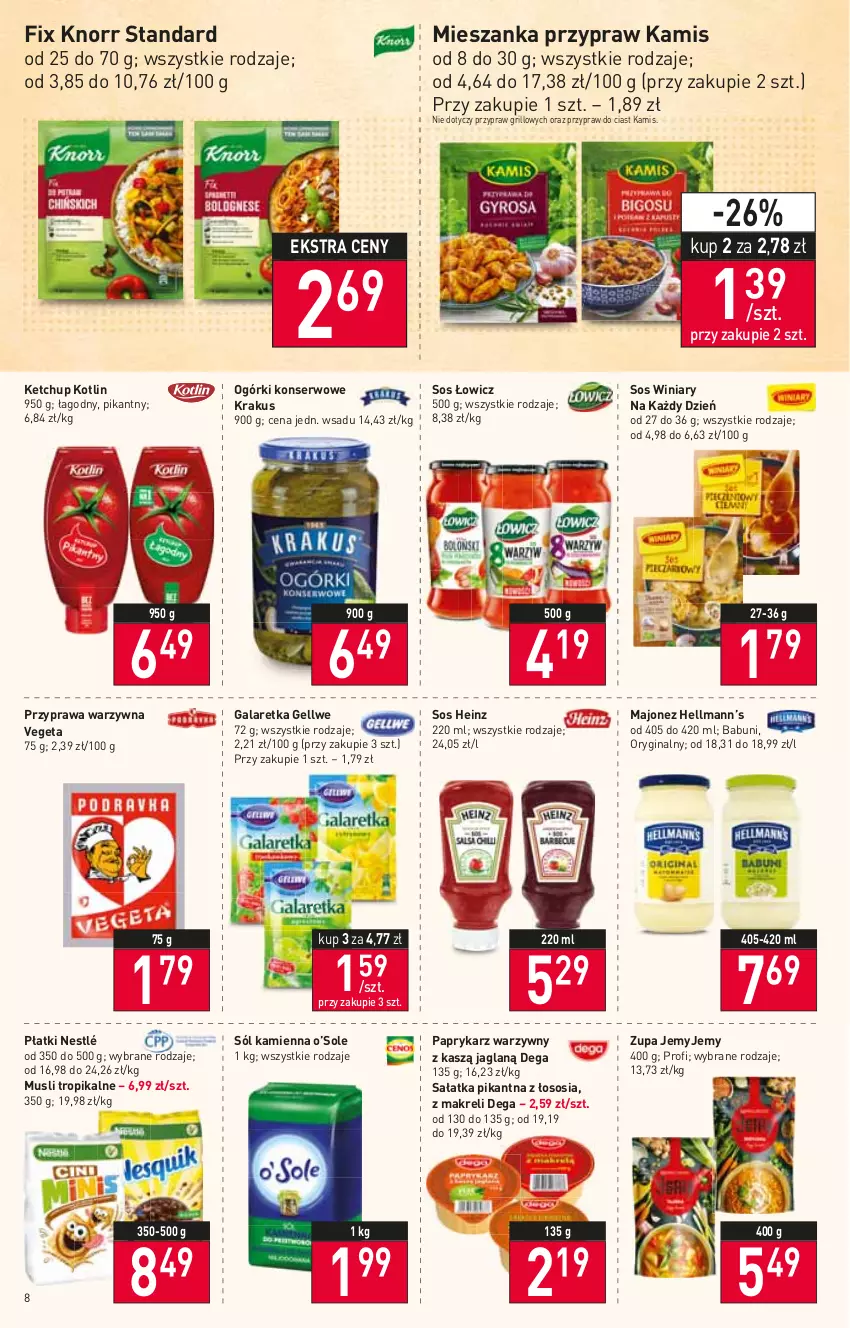 Gazetka promocyjna Stokrotka - Supermarket - ważna 07.07 do 13.07.2022 - strona 8 - produkty: Babuni, Dega, Gala, Galaretka, Gin, Grill, Heinz, Hellmann’s, Kamis, Ketchup, Knorr, Kotlin, Krakus, Majonez, Mus, Nestlé, Ogórki konserwowe, Papryka, Paprykarz, Sałat, Sałatka, Ser, Sól, Sos, Vegeta, Winiary, Zupa