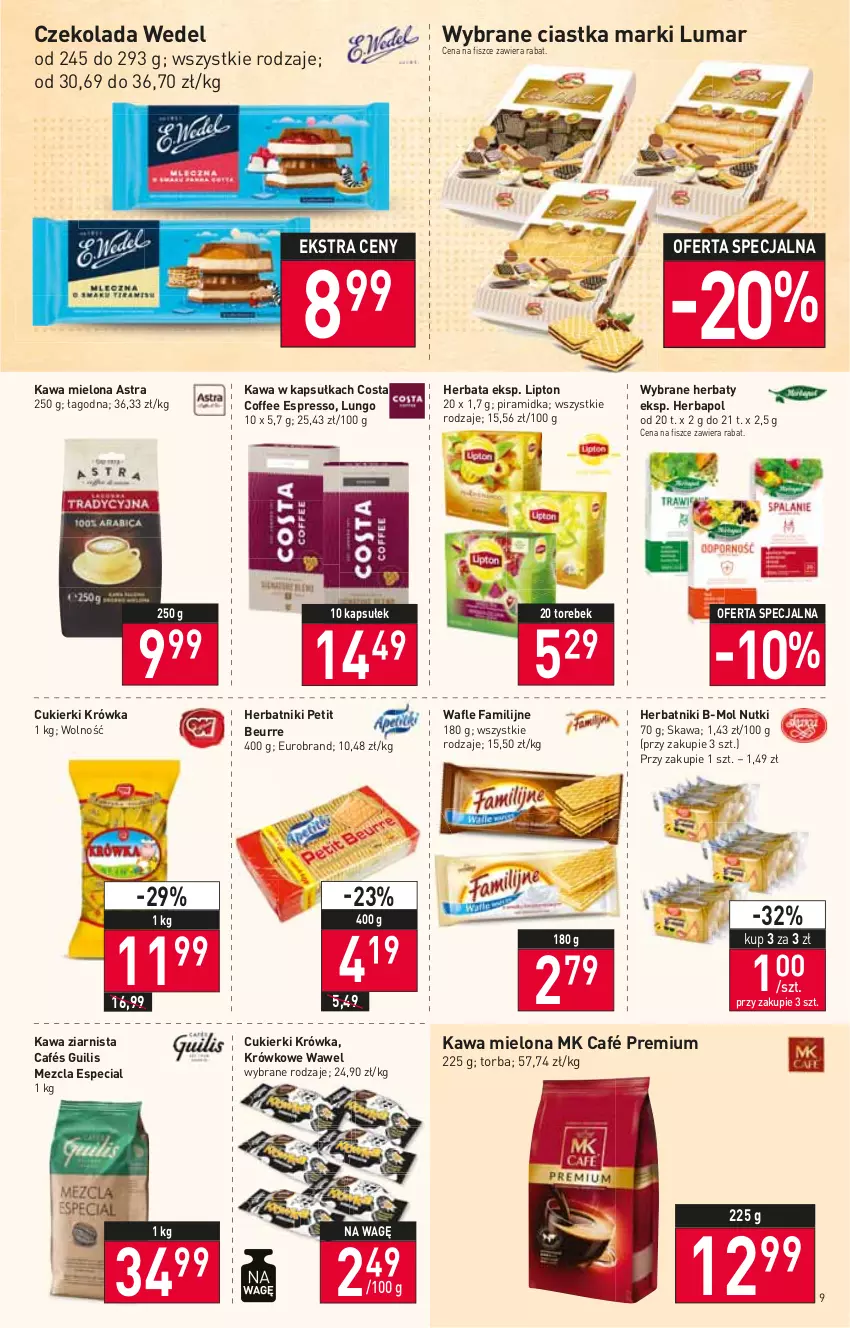 Gazetka promocyjna Stokrotka - Supermarket - ważna 07.07 do 13.07.2022 - strona 9 - produkty: Ciastka, Cukier, Cukierki, Czekolada, Fa, Herbapol, Herbata, Herbatniki, Herbatniki Petit Beurre, Kawa, Kawa mielona, Kawa ziarnista, Lipton, Torba, Wafle, Wawel