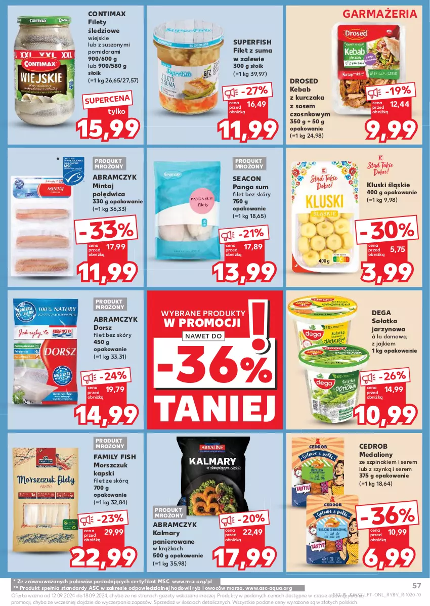 Gazetka promocyjna Kaufland - Gazetka tygodnia - ważna 12.09 do 18.09.2024 - strona 57 - produkty: Dega, Dorsz, Fa, Filet z suma, Kalmar, Kalmary, Kebab, Kebab z kurczaka, Kurczak, Lion, Mintaj, Panga, Polędwica, Sałat, Sałatka, Ser, Sos, Szpinak