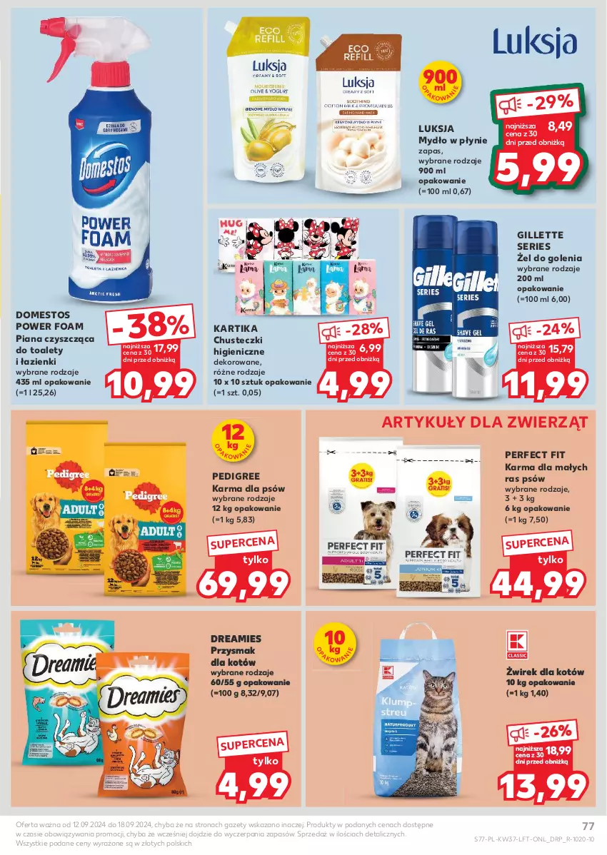 Gazetka promocyjna Kaufland - Gazetka tygodnia - ważna 12.09 do 18.09.2024 - strona 77 - produkty: Chusteczki, Domestos, Gillette, Luksja, Mydło, Mydło w płynie, Pedigree, Ser