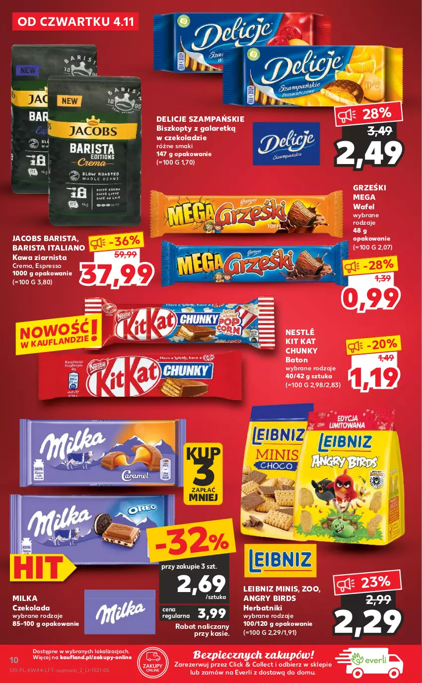 Gazetka promocyjna Kaufland - OFERTA TYGODNIA - ważna 04.11 do 09.11.2021 - strona 10 - produkty: Baton, Biszkopty, Czekolada, Delicje, Gala, Gry, Grześki, Herbatniki, Jacobs, Kawa, Kawa ziarnista, Kit Kat, Milka, Nestlé, Piec