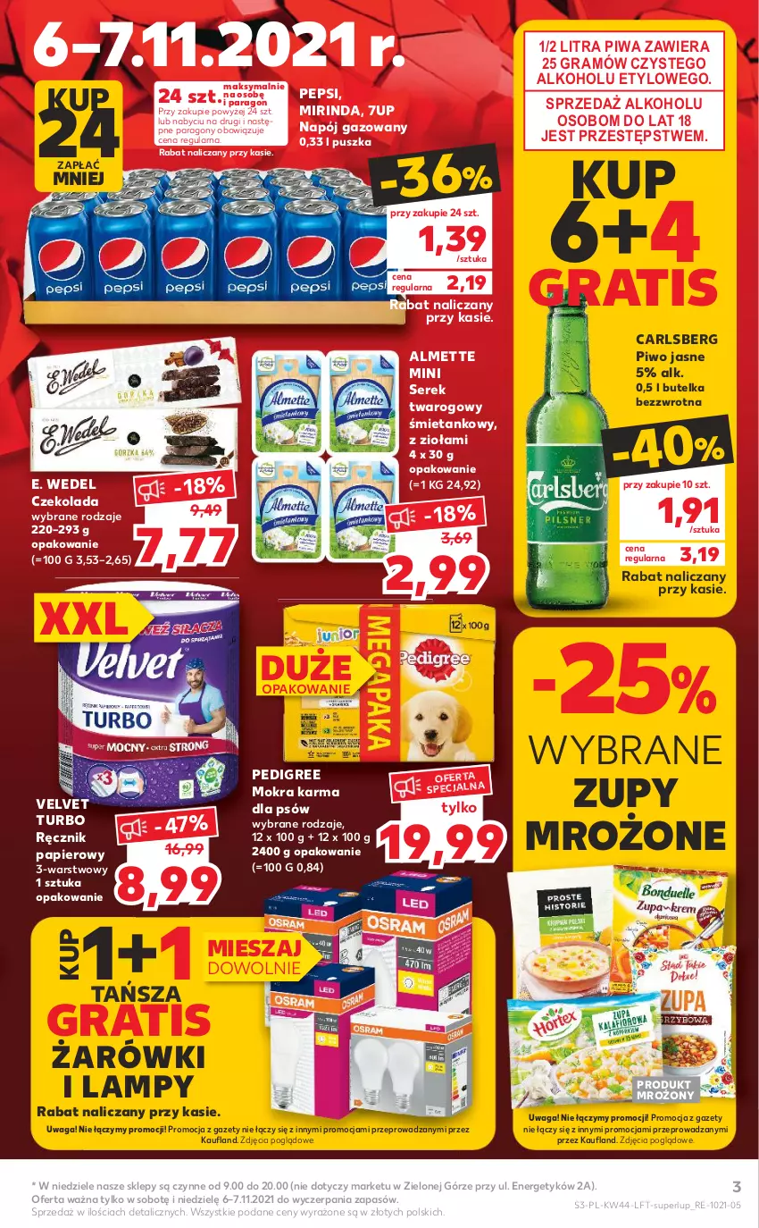 Gazetka promocyjna Kaufland - OFERTA TYGODNIA - ważna 04.11 do 09.11.2021 - strona 3 - produkty: 7up, Almette, Carlsberg, Czekolada, E. Wedel, Gra, Mirinda, Mokra karma, Napój, Napój gazowany, Papier, Pedigree, Pepsi, Piwa, Piwo, Piwo jasne, Ręcznik, Ser, Serek, Serek twarogowy, Velvet, Waga