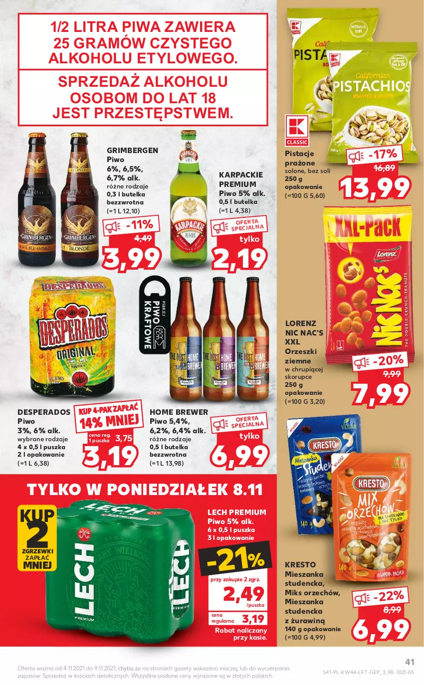 Gazetka promocyjna Kaufland - OFERTA TYGODNIA - ważna 04.11 do 09.11.2021 - strona 41 - produkty: Desperados, Gra, Karp, Lech Premium, Lorenz, Mieszanka studencka, Orzeszki, Orzeszki ziemne, Pistacje, Piwa, Piwo