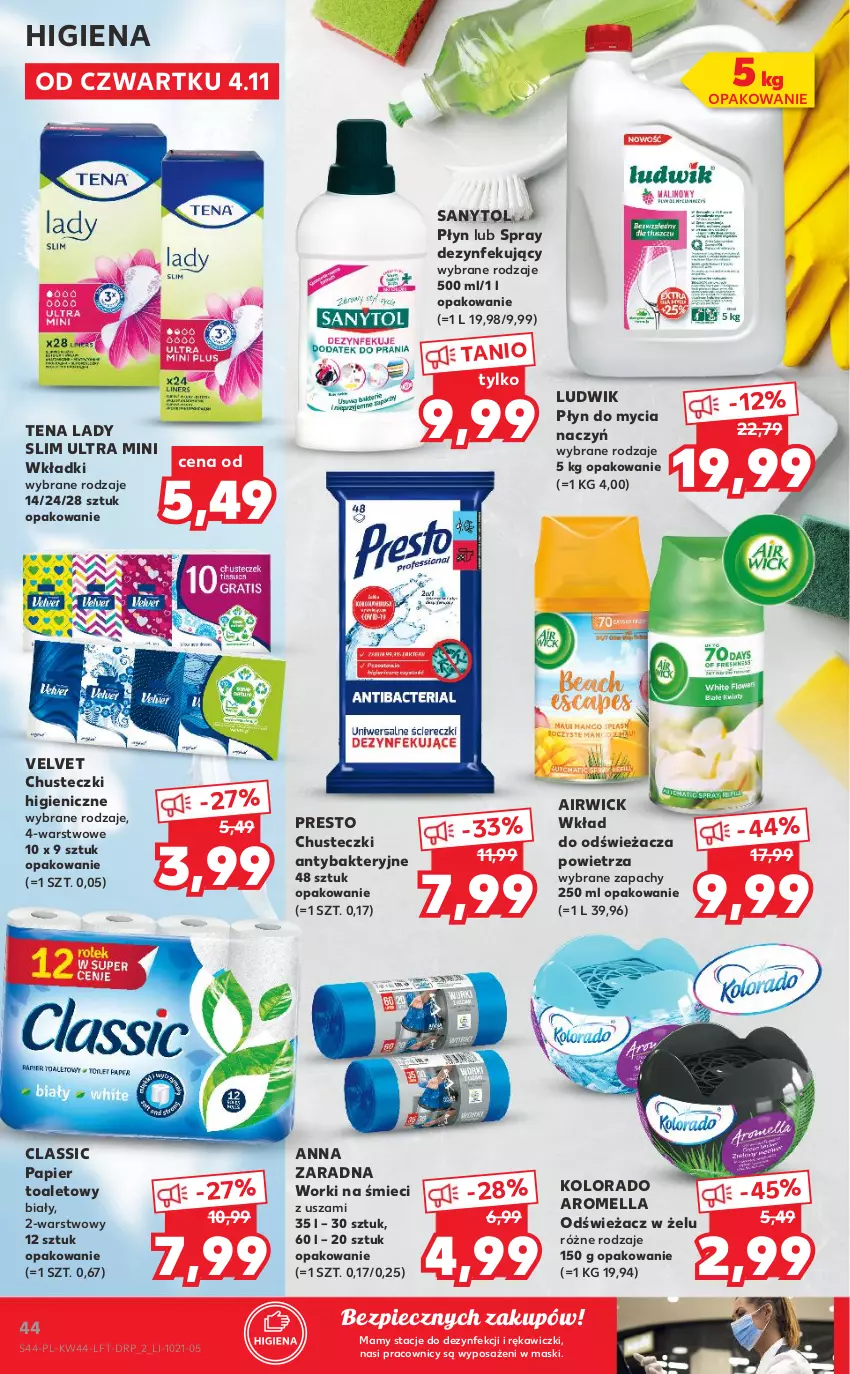 Gazetka promocyjna Kaufland - OFERTA TYGODNIA - ważna 04.11 do 09.11.2021 - strona 44 - produkty: Chusteczki, Do mycia naczyń, Kolorado, Ludwik, Papier, Papier toaletowy, Piec, Płyn do mycia, Płyn do mycia naczyń, Presto, Sanytol, Velvet, Wkładki, Worki na śmiec, Worki na śmieci