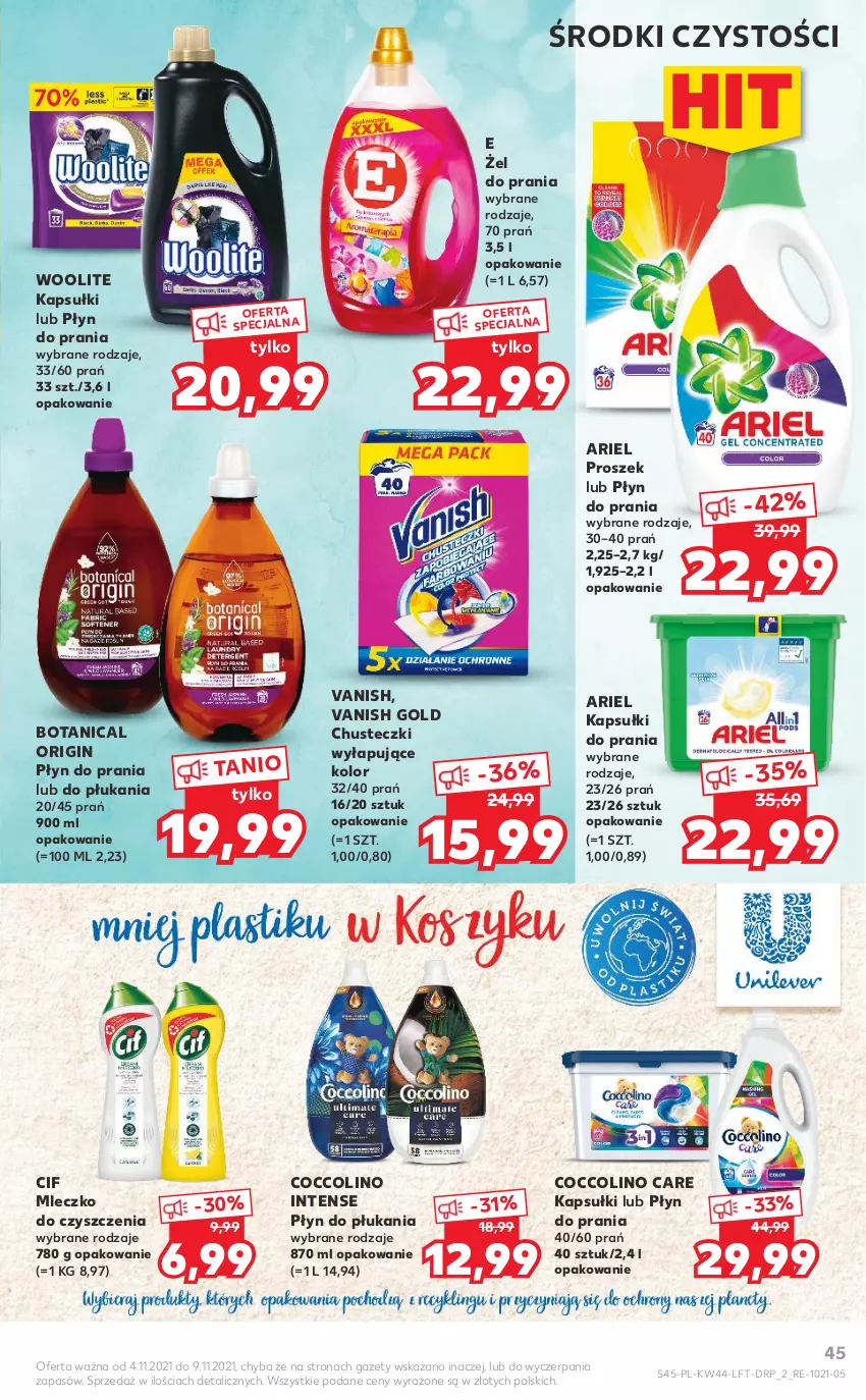 Gazetka promocyjna Kaufland - OFERTA TYGODNIA - ważna 04.11 do 09.11.2021 - strona 45 - produkty: Ariel, Chusteczki, Cif, Coccolino, Gin, Kapsułki do prania, Mleczko, Płyn do płukania, Płyn do prania, Vanish, Vanish Gold, Woolite