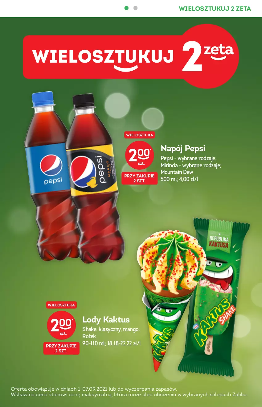 Gazetka promocyjna Żabka - ważna 01.09 do 14.09.2021 - strona 6 - produkty: Kaktus, Lody, Mango, Mirinda, Napój, Pepsi