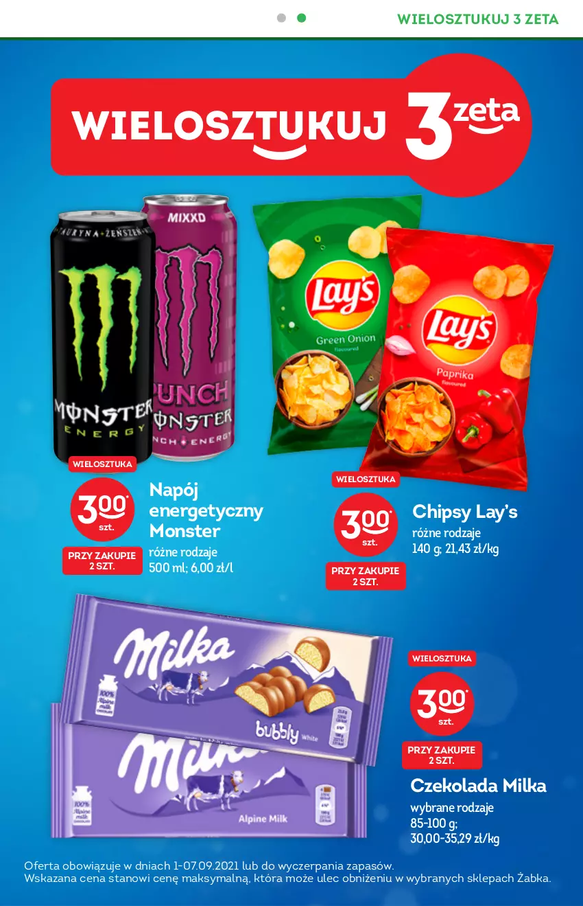 Gazetka promocyjna Żabka - ważna 01.09 do 14.09.2021 - strona 7 - produkty: Chipsy, Czekolada, Lay’s, Milka, Napój, Napój energetyczny