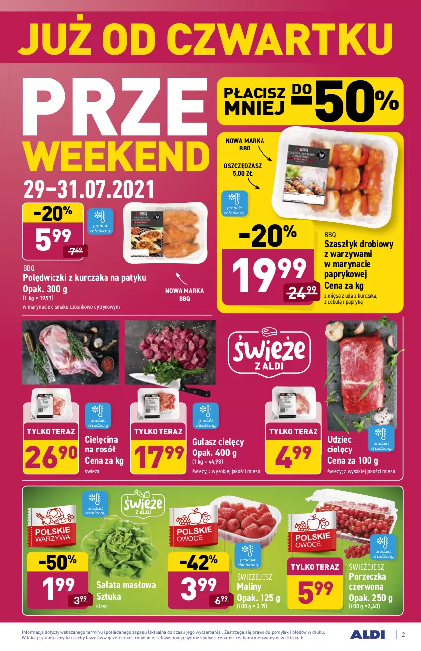 Gazetka promocyjna Aldi - PROMOCJE NA WEEKEND - ważna 29.07 do 31.07.2021 - strona 2 - produkty: Kurczak, Maliny, Masło, Polędwiczki z kurczaka, Por, Rosół, Sałat, Sałata masłowa, Sok, Tera, Warzywa