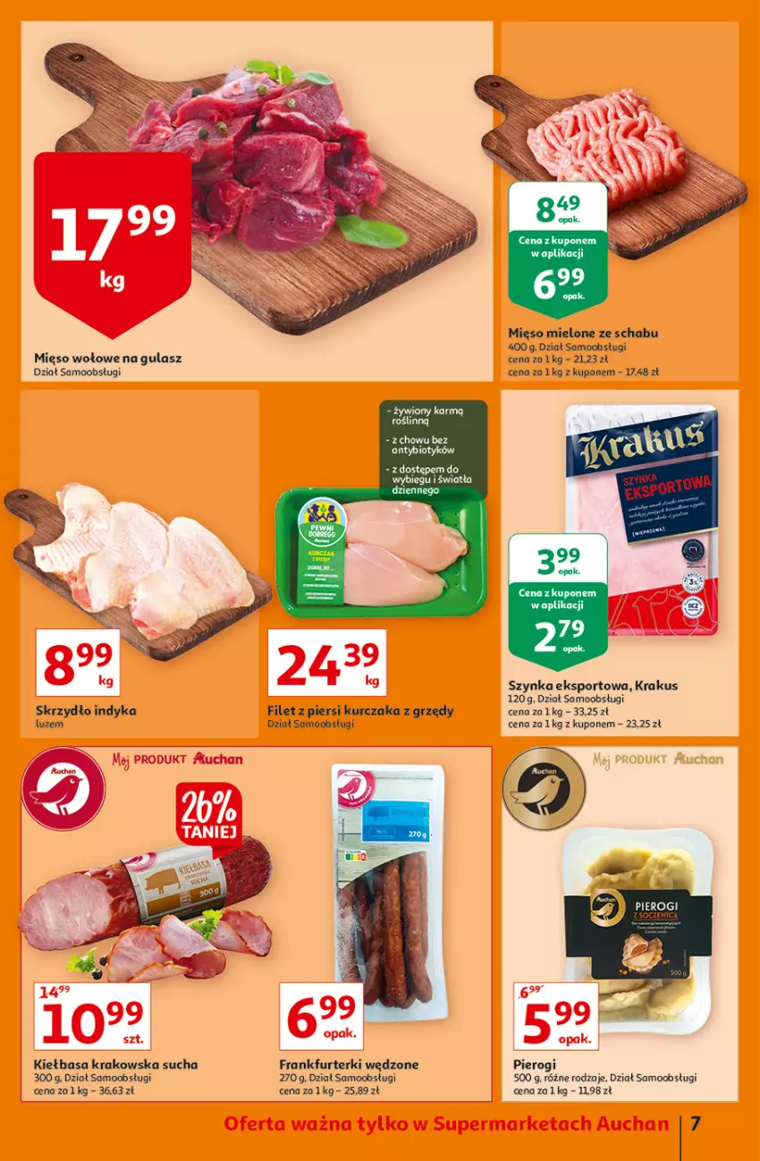 Gazetka promocyjna Auchan - Rysuje się przerwa na coś pysznego Supermarkety - ważna 26.08 do 01.09.2021 - strona 7 - produkty: Filet z piersi kurczaka, Frankfurterki, Kiełbasa, Kiełbasa krakowska, Krakus, Kurczak, Mięso, Mięso mielone, Mięso wołowe, Pierogi, Por, Sport, Szynka
