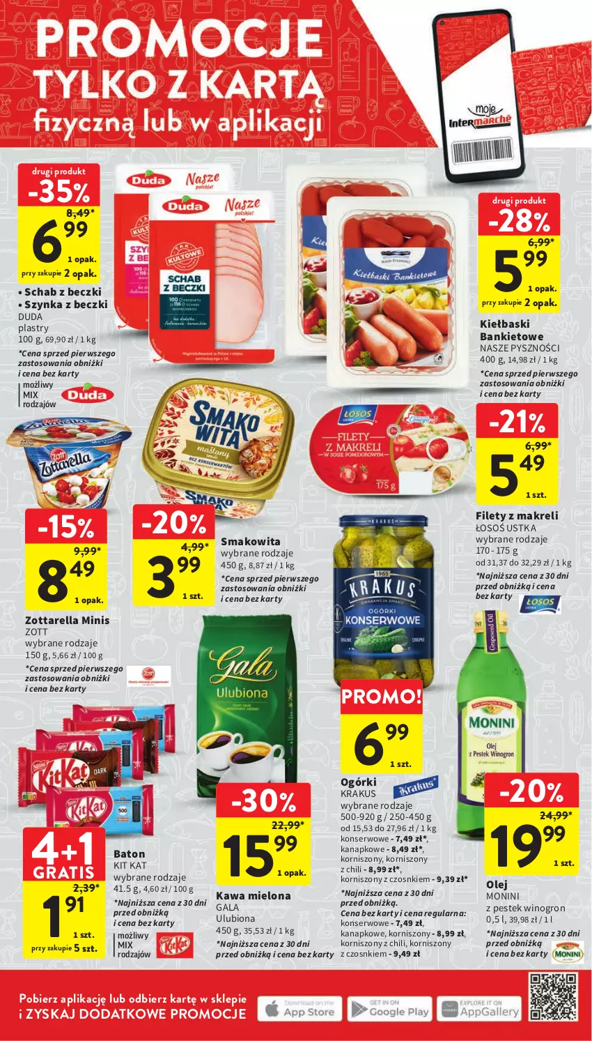 Gazetka promocyjna Intermarche - Gazetka Intermarche - ważna 09.11 do 15.11.2023 - strona 10 - produkty: Baton, Duda, Gala, Gra, Kawa, Kawa mielona, Kit Kat, Korniszony, Krakus, Monini, Olej, Ser, Smakowita, Stek, Szynka, Szynka z beczki, Wino, Zott, Zottarella