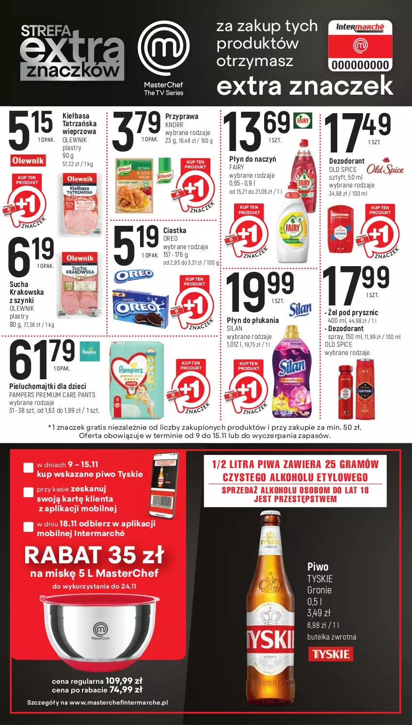 Gazetka promocyjna Intermarche - Gazetka Intermarche - ważna 09.11 do 15.11.2023 - strona 13 - produkty: Ciastka, Dezodorant, Dzieci, Fa, Fairy, Gra, Kiełbasa, Knorr, Majtki, Old Spice, Olewnik, Oreo, Pampers, Pieluchomajtki, Piwa, Piwo, Płyn do płukania, Silan, Tyskie