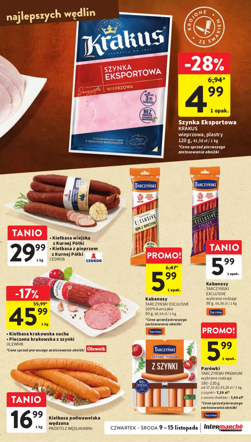 Gazetka promocyjna Intermarche - Gazetka Intermarche - ważna 09.11 do 15.11.2023 - strona 21 - produkty: Cheddar, Kabanos, Kiełbasa, Kiełbasa krakowska, Kiełbasa podwawelska, Kiełbasa wiejska, Krakus, Kurczak, Olewnik, Parówki, Piec, Pieprz, Por, Ser, Sport, Szynka, Tarczyński, Top, Wawel