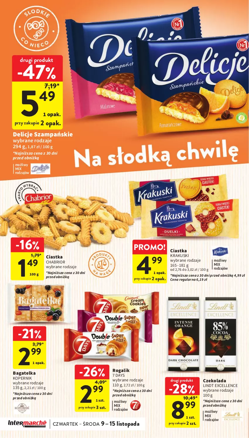 Gazetka promocyjna Intermarche - Gazetka Intermarche - ważna 09.11 do 15.11.2023 - strona 30 - produkty: 7 Days, Chabrior, Ciastka, Czekolada, Delicje, Krakus, Krakuski, Lindt, Rogal, Top