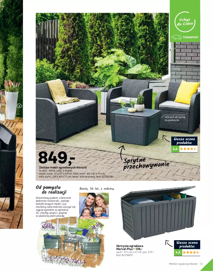 Gazetka promocyjna Leroy Merlin - Katalog ogród 2021 - ważna 04.03 do 30.06.2021 - strona 53 - produkty: Fa, Fotel, Gra, Meble, Por, Rum, Ser, Słupek, Sofa, Sos, Sport, Stół, Stolik, Top, Tran