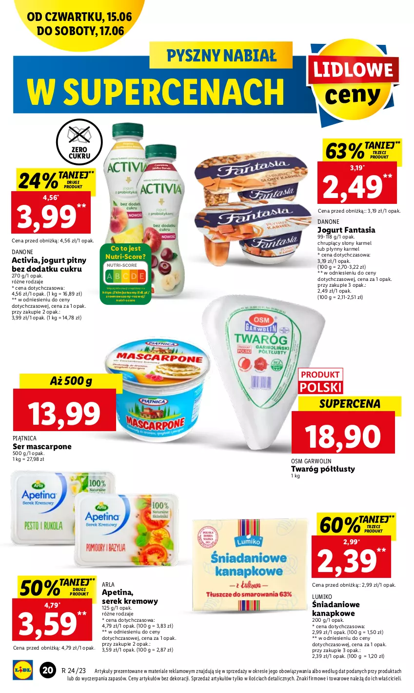 Gazetka promocyjna Lidl - GAZETKA - ważna 15.06 do 17.06.2023 - strona 26 - produkty: Activia, Danio, Danone, Fa, Fanta, Jogurt, Jogurt pitny, Mascarpone, Piątnica, Ser, Serek, Twaróg, Twaróg półtłusty, Wazon